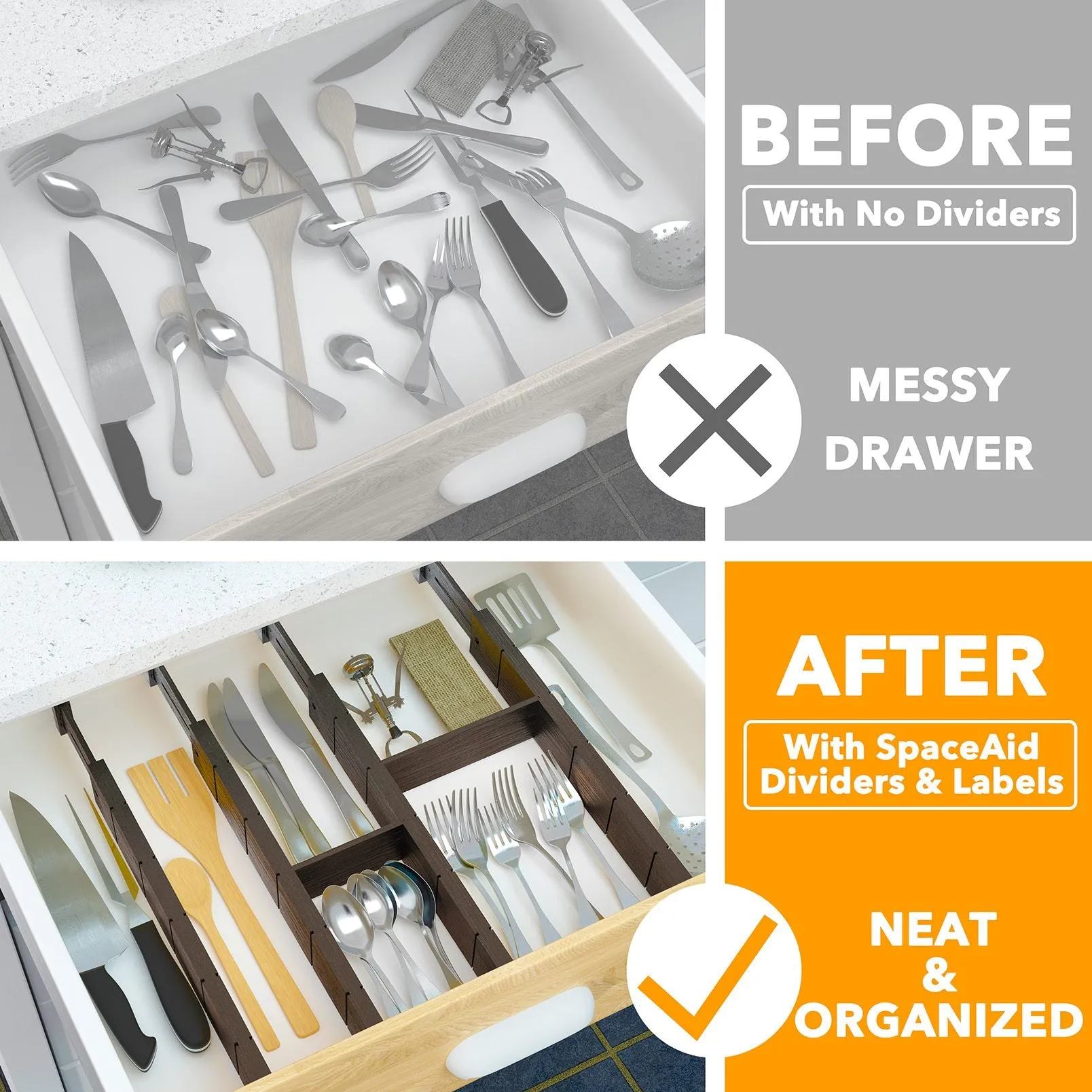 SpaceAid Bamboo Drawer Divider with Adjustable Inserts and Labels, 4 Dividers with 9 Inserts (17-22 in), Black