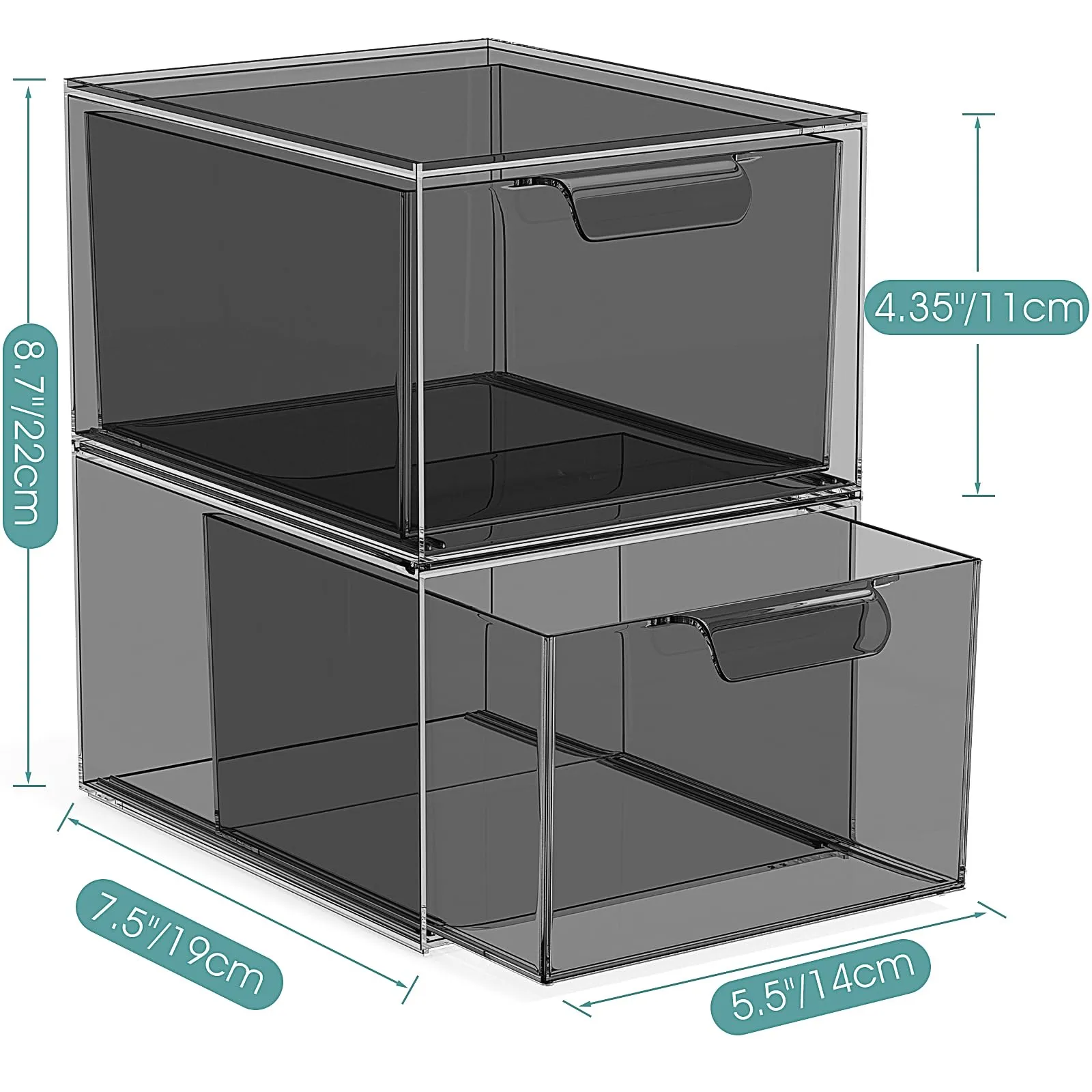 SpaceHacks 3 Pack Stackable Makeup Organizer and Storage, Acrylic Organizers，Clear Plastic Storage Drawer with Pull-Out Handles for Vanity, Undersink, Kitchen Cabinets, Pantry, Black