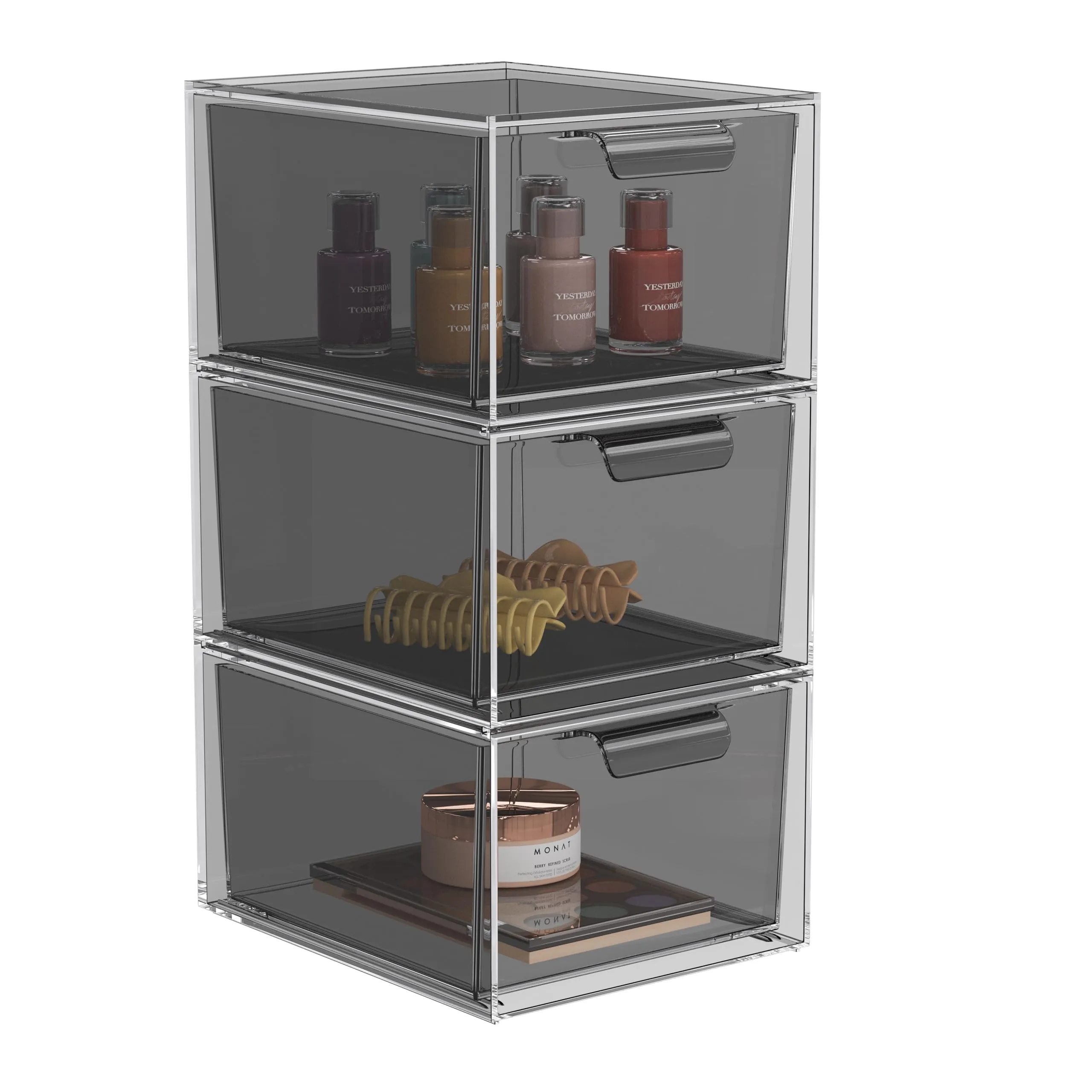 SpaceHacks 3 Pack Stackable Makeup Organizer and Storage, Acrylic Organizers，Clear Plastic Storage Drawer with Pull-Out Handles for Vanity, Undersink, Kitchen Cabinets, Pantry, Black