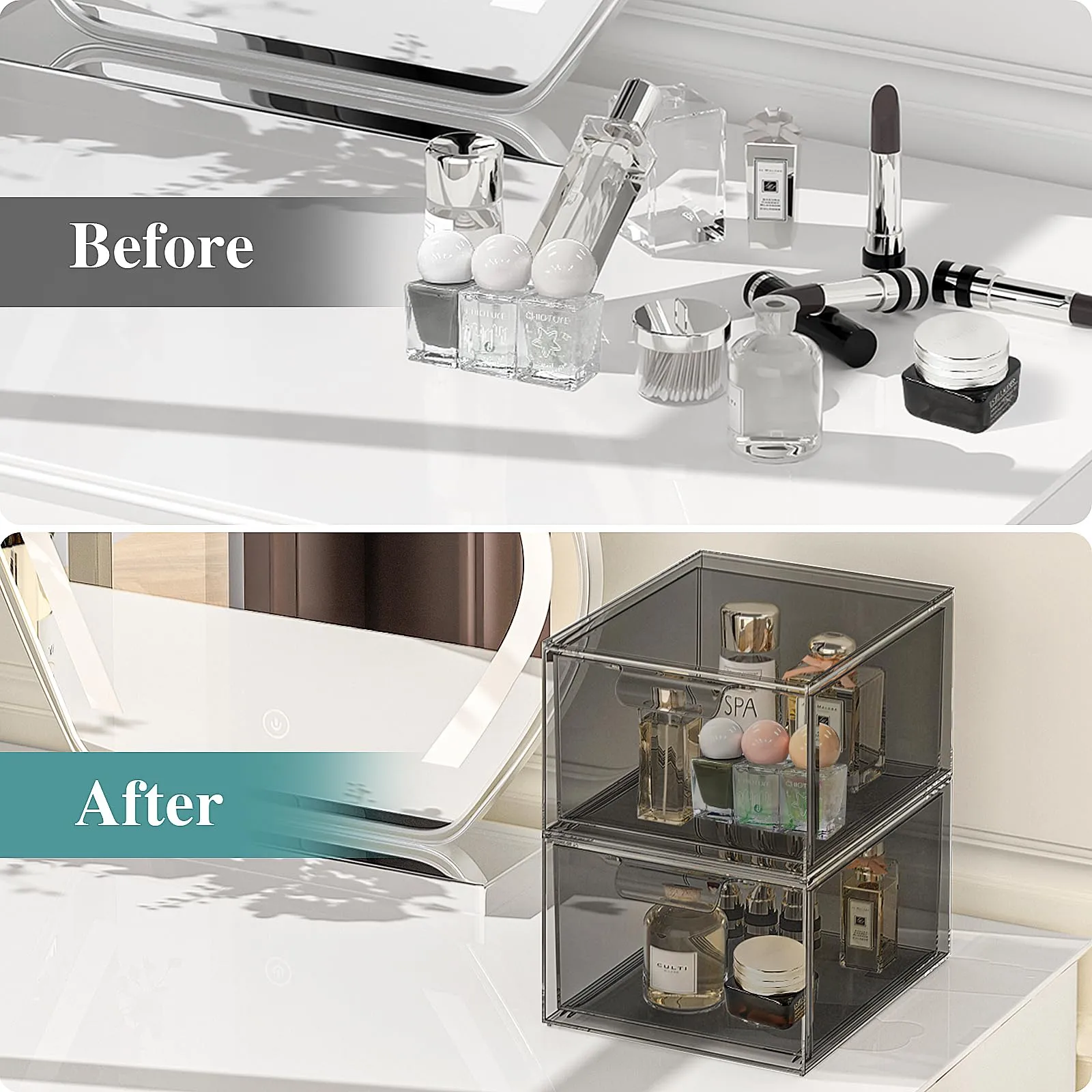 SpaceHacks 3 Pack Stackable Makeup Organizer and Storage, Acrylic Organizers，Clear Plastic Storage Drawer with Pull-Out Handles for Vanity, Undersink, Kitchen Cabinets, Pantry, Black