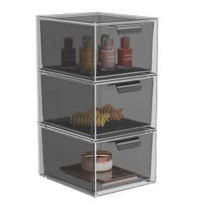 SpaceHacks 3 Pack Stackable Makeup Organizer and Storage, Acrylic Organizers，Clear Plastic Storage Drawer with Pull-Out Handles for Vanity, Undersink, Kitchen Cabinets, Pantry, Black