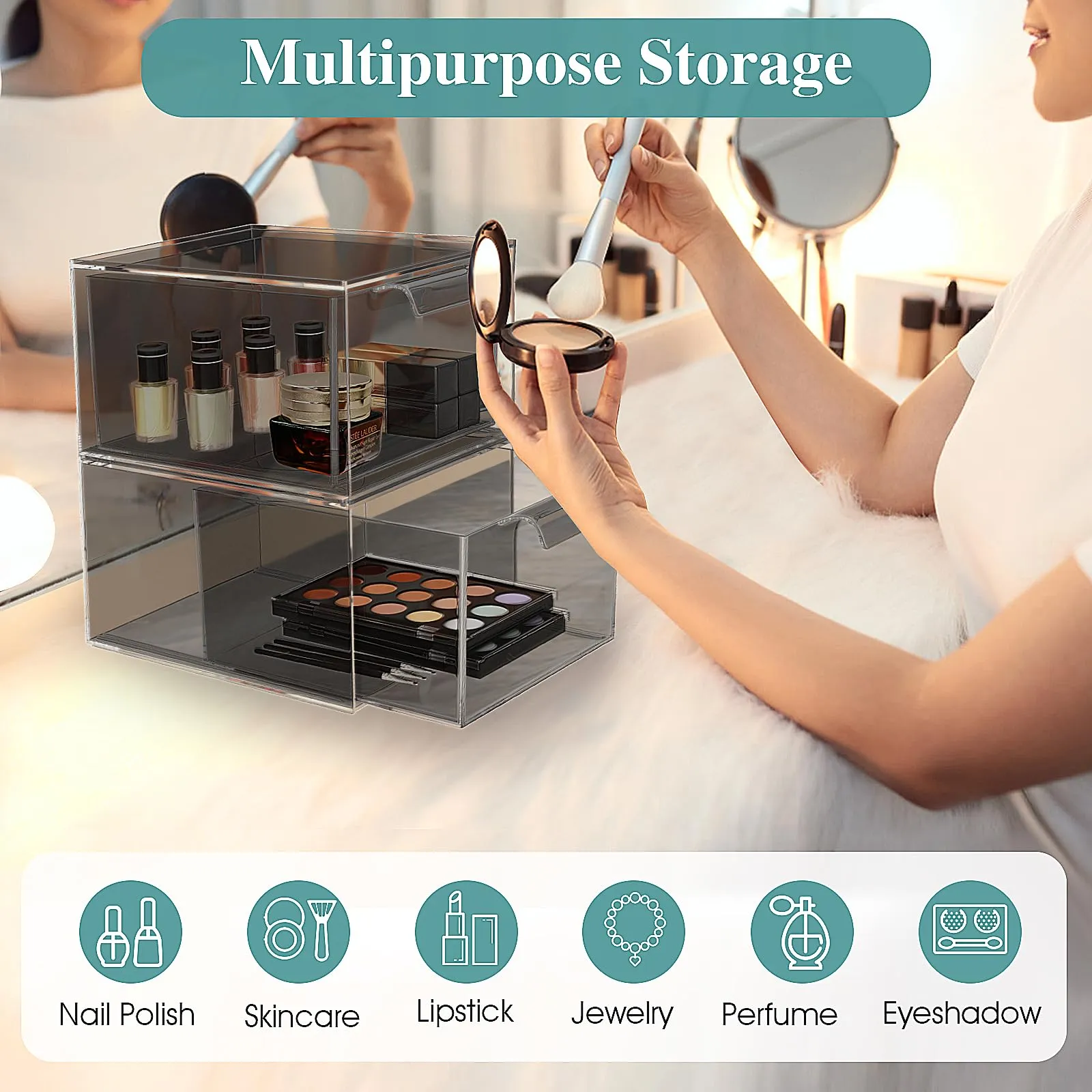 SpaceHacks 3 Pack Stackable Makeup Organizer and Storage, Acrylic Organizers，Clear Plastic Storage Drawer with Pull-Out Handles for Vanity, Undersink, Kitchen Cabinets, Pantry, Black