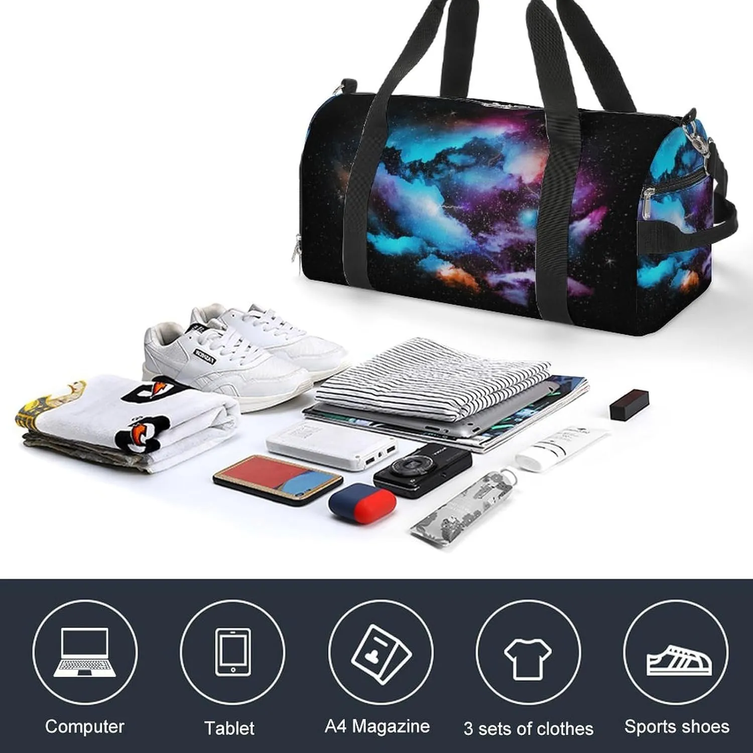 Sport Gym Duffel with Shoe Compartment Wet Pocket, Colorful-universe-textured Shoulder Travel Bag for Women Men