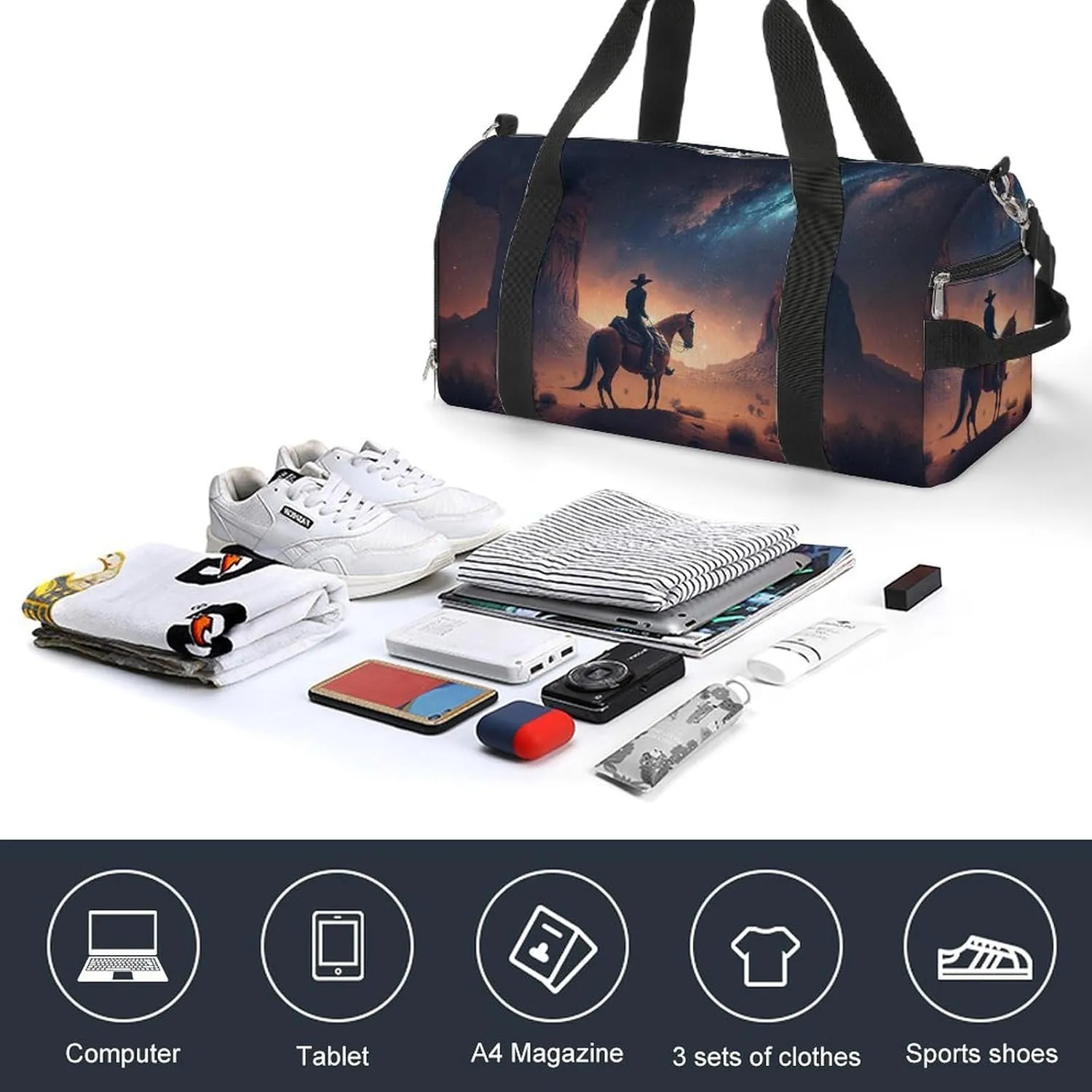 Sport Gym Duffel with Shoe Compartment Wet Pocket, Cowboy-riding-horse-night Shoulder Travel Bag for Women Men, style-3