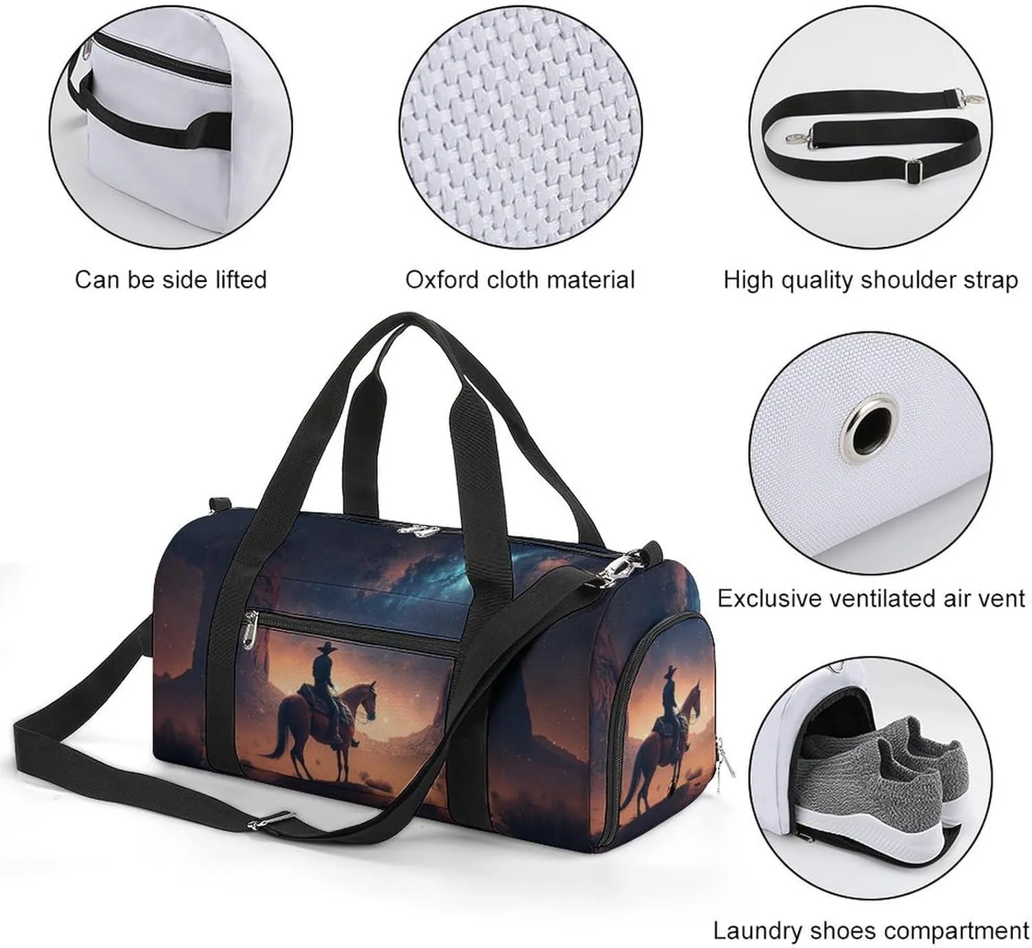 Sport Gym Duffel with Shoe Compartment Wet Pocket, Cowboy-riding-horse-night Shoulder Travel Bag for Women Men, style-3