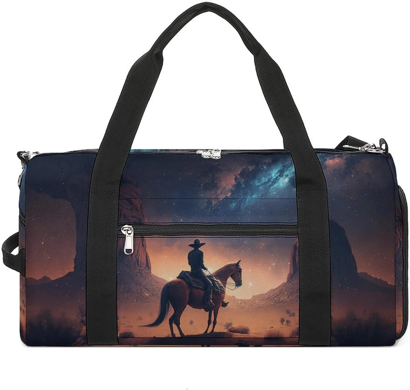 Sport Gym Duffel with Shoe Compartment Wet Pocket, Cowboy-riding-horse-night Shoulder Travel Bag for Women Men, style-3