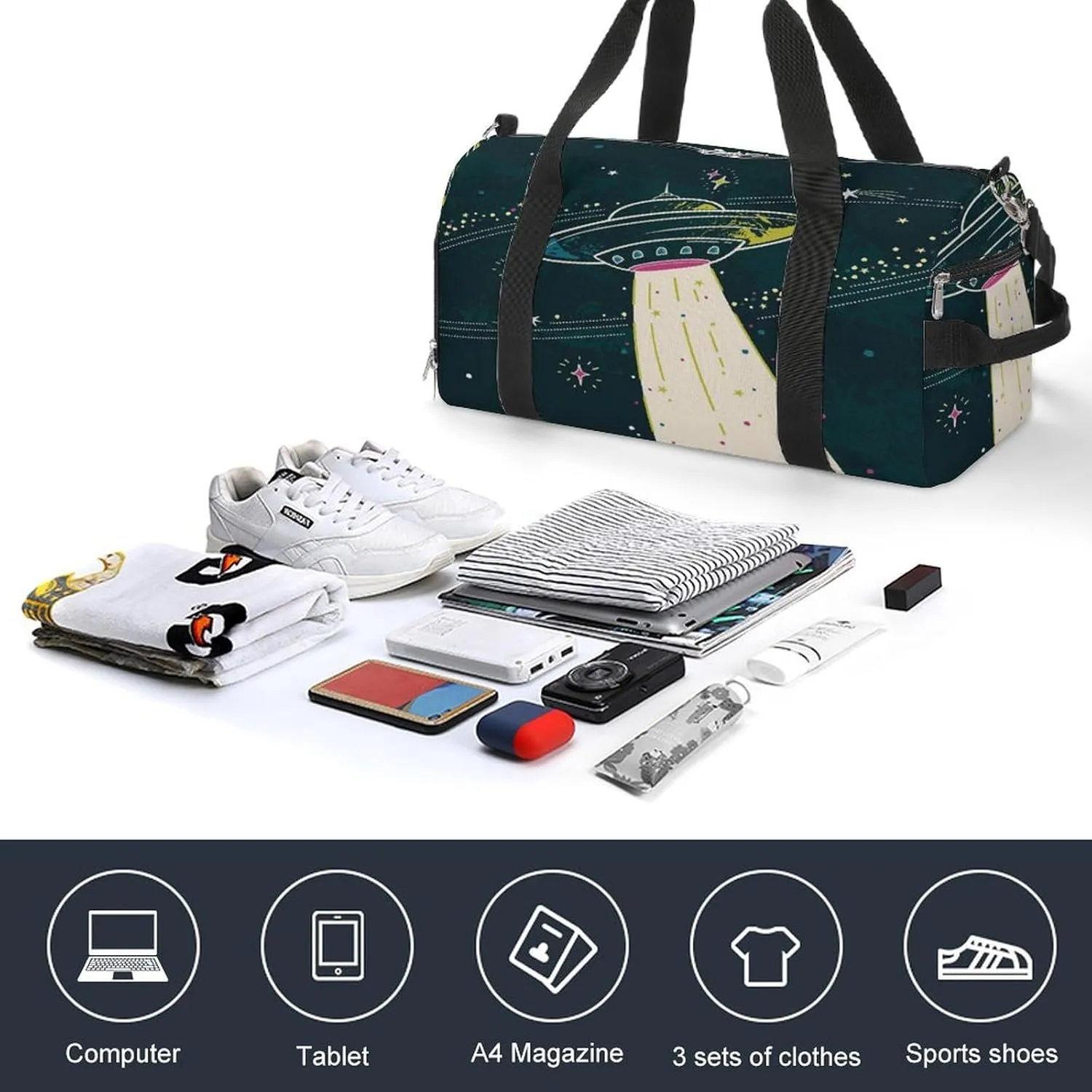 Sport Gym Duffel with Shoe Compartment Wet Pocket, Ufos-spaces-stars Shoulder Travel Bag for Women Men, style-2