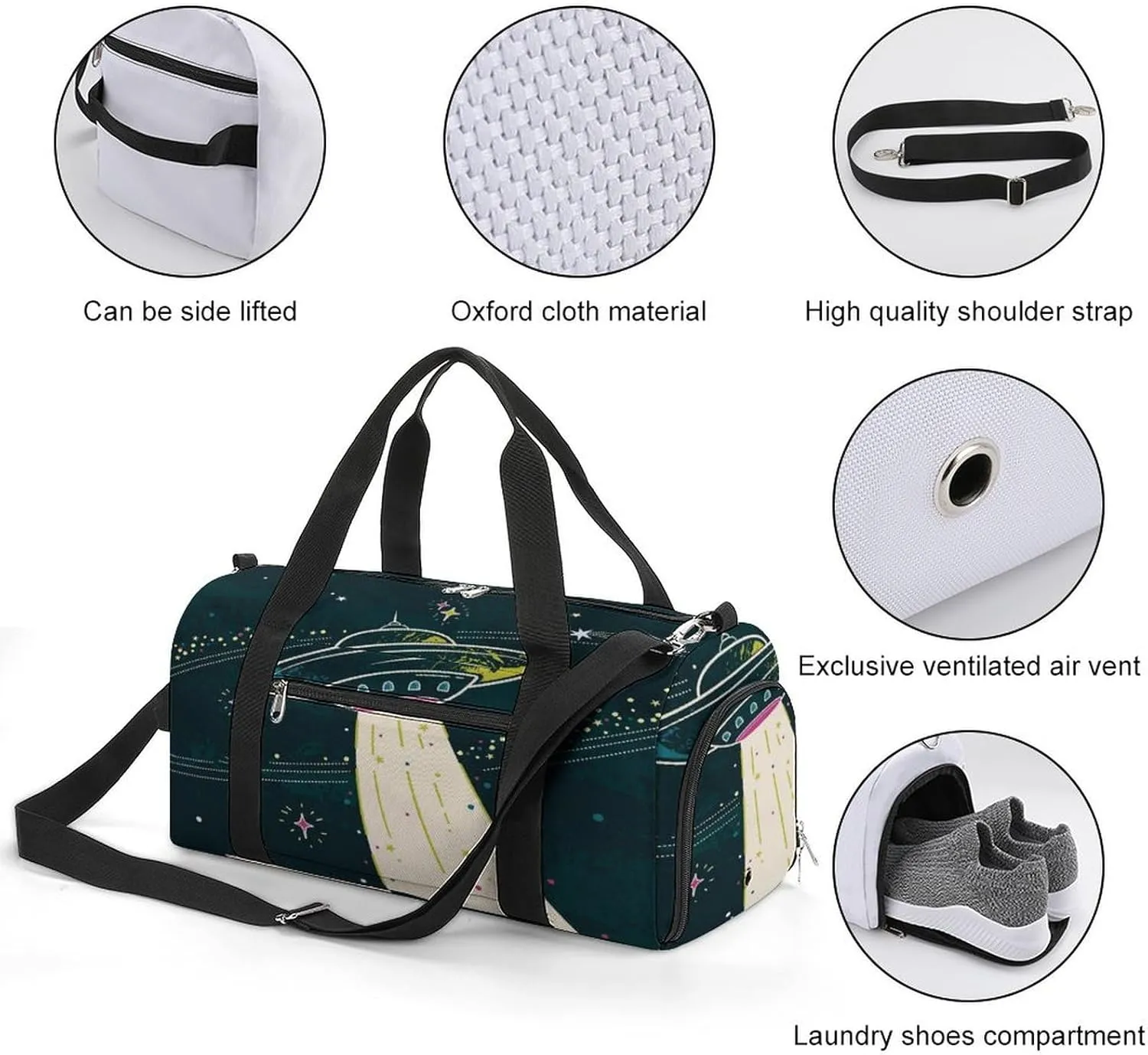 Sport Gym Duffel with Shoe Compartment Wet Pocket, Ufos-spaces-stars Shoulder Travel Bag for Women Men, style-2