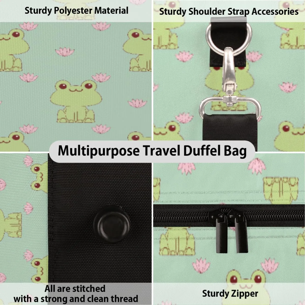 Sports Gym Duffel Bag Customized Name for Women & Men, Frog Animal Flowers Waterproof Tote Beach Bag Foldable Personal Item Travel Bag for Weekender Overnight Dance Carry-On Bag