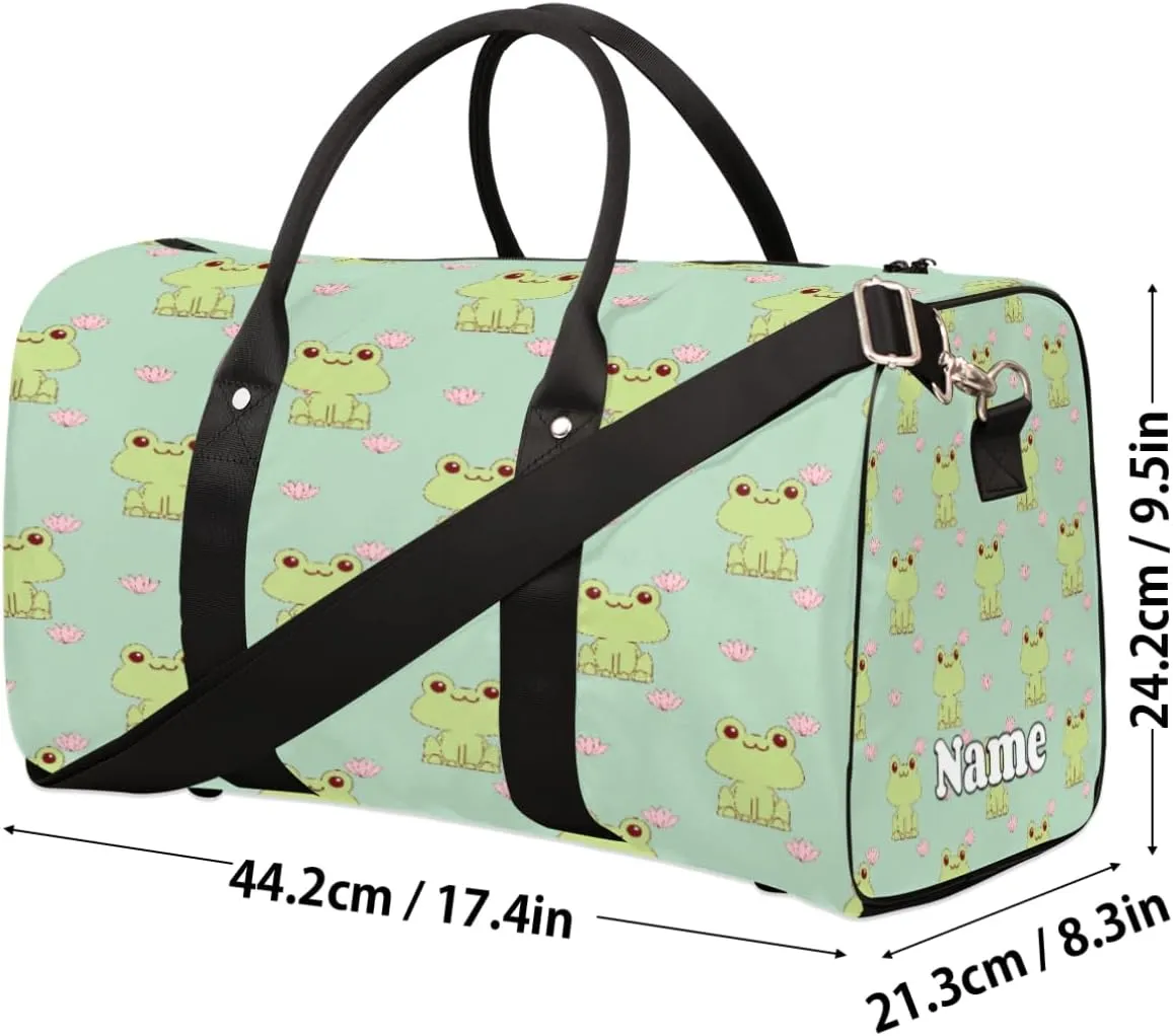 Sports Gym Duffel Bag Customized Name for Women & Men, Frog Animal Flowers Waterproof Tote Beach Bag Foldable Personal Item Travel Bag for Weekender Overnight Dance Carry-On Bag