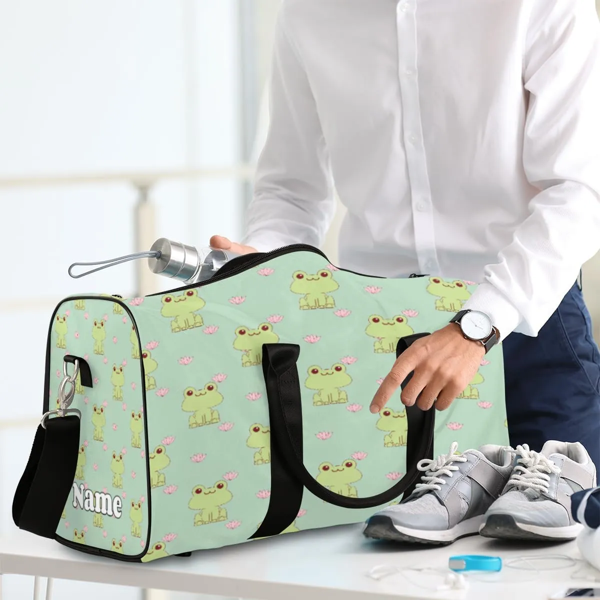 Sports Gym Duffel Bag Customized Name for Women & Men, Frog Animal Flowers Waterproof Tote Beach Bag Foldable Personal Item Travel Bag for Weekender Overnight Dance Carry-On Bag