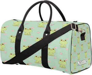 Sports Gym Duffel Bag Customized Name for Women & Men, Frog Animal Flowers Waterproof Tote Beach Bag Foldable Personal Item Travel Bag for Weekender Overnight Dance Carry-On Bag