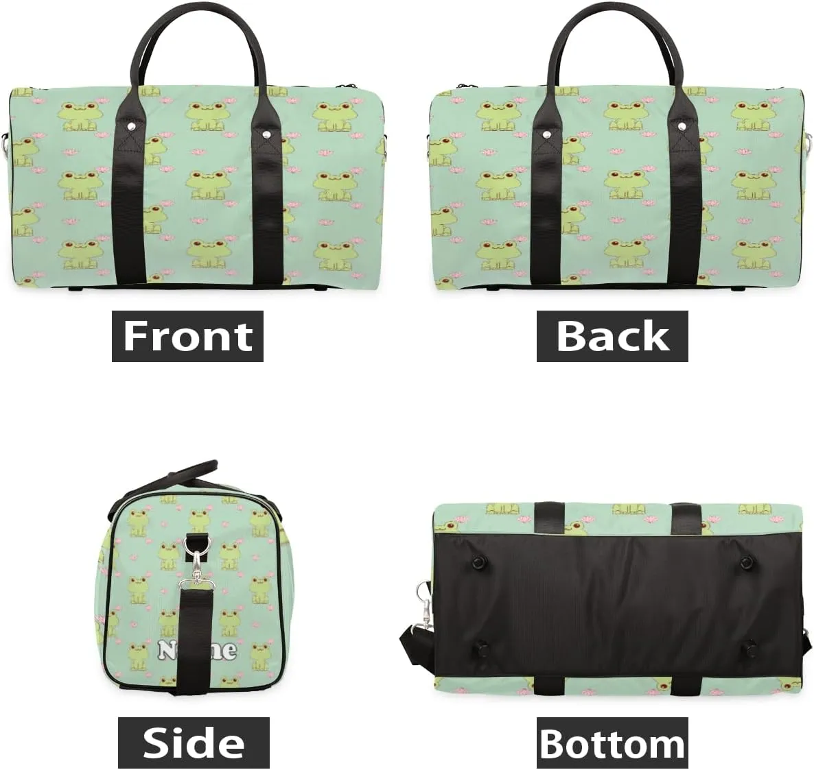 Sports Gym Duffel Bag Customized Name for Women & Men, Frog Animal Flowers Waterproof Tote Beach Bag Foldable Personal Item Travel Bag for Weekender Overnight Dance Carry-On Bag