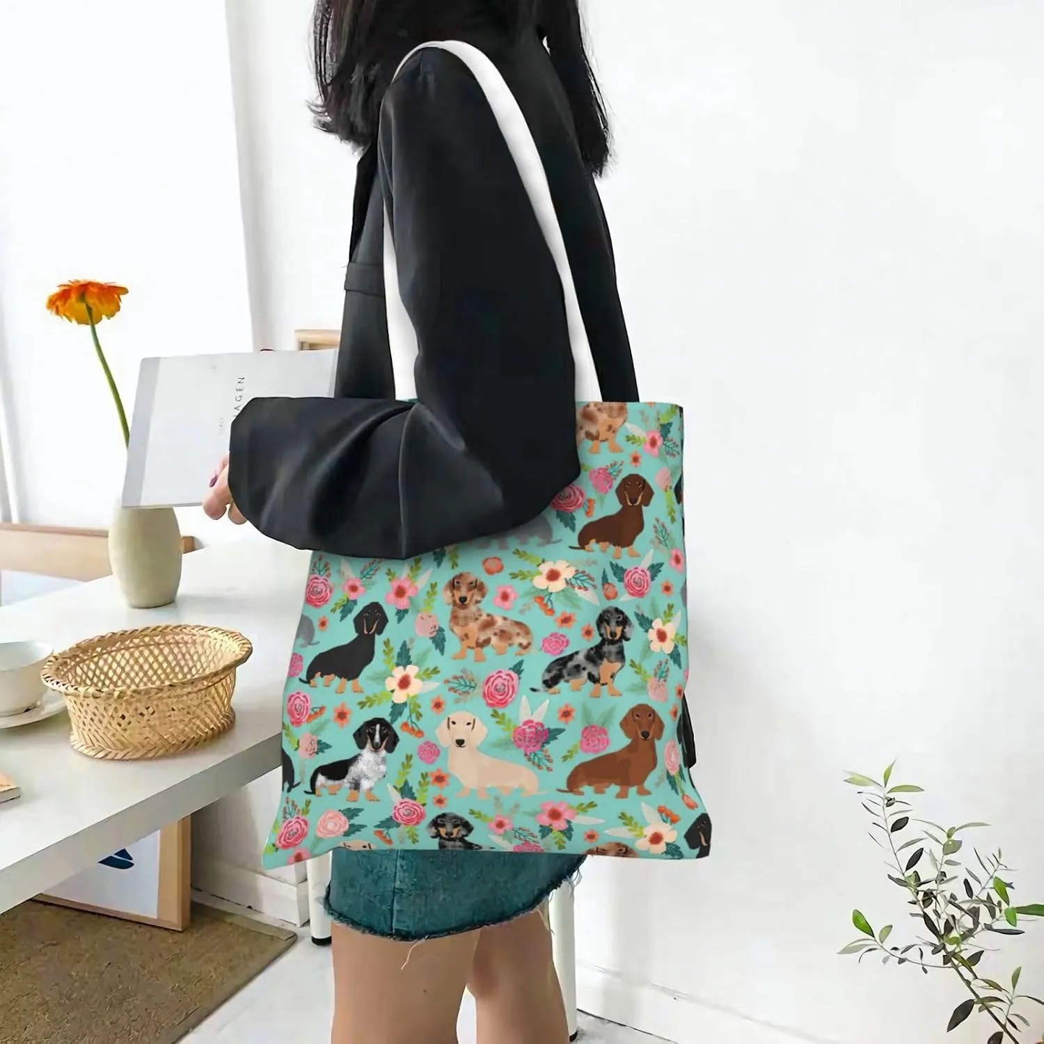 SSIMOO Dog Floral Fashion Canvas Tote Bag-Personalized Handbag,Multifunctional Bag,Elegant And Minimalist