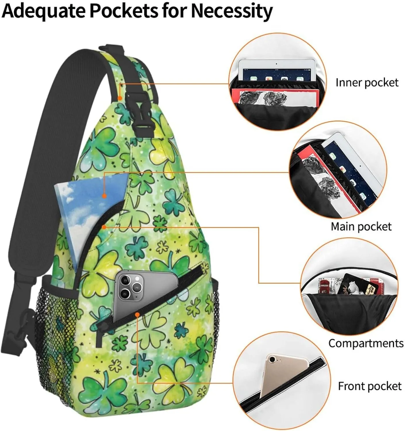 St Patricks Day Shamrock Sling Bag For Women Men Adjustable Crossbody Chest Bag Irish Clover Shoulder Bag Sling Backpack Green Daypack For Sport Travel Hiking