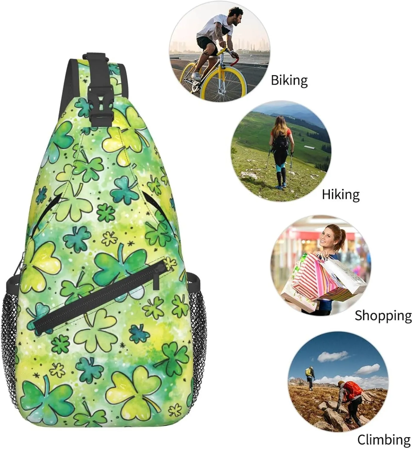 St Patricks Day Shamrock Sling Bag For Women Men Adjustable Crossbody Chest Bag Irish Clover Shoulder Bag Sling Backpack Green Daypack For Sport Travel Hiking