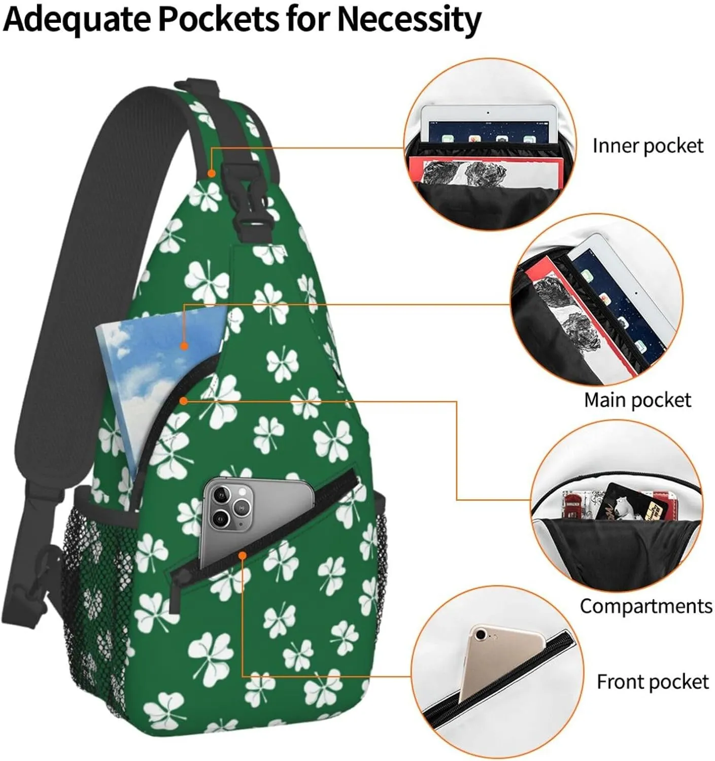St Patricks Day Shamrock Sling Bag For Women Men Adjustable Crossbody Chest Bag Irish Clover Shoulder Bag Sling Backpack Green Daypack For Sport Travel Hiking