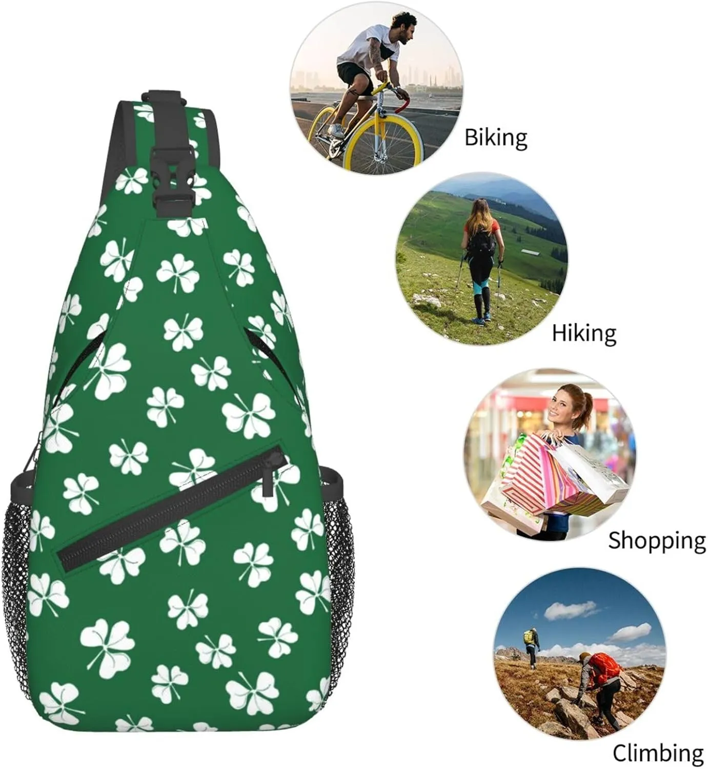 St Patricks Day Shamrock Sling Bag For Women Men Adjustable Crossbody Chest Bag Irish Clover Shoulder Bag Sling Backpack Green Daypack For Sport Travel Hiking