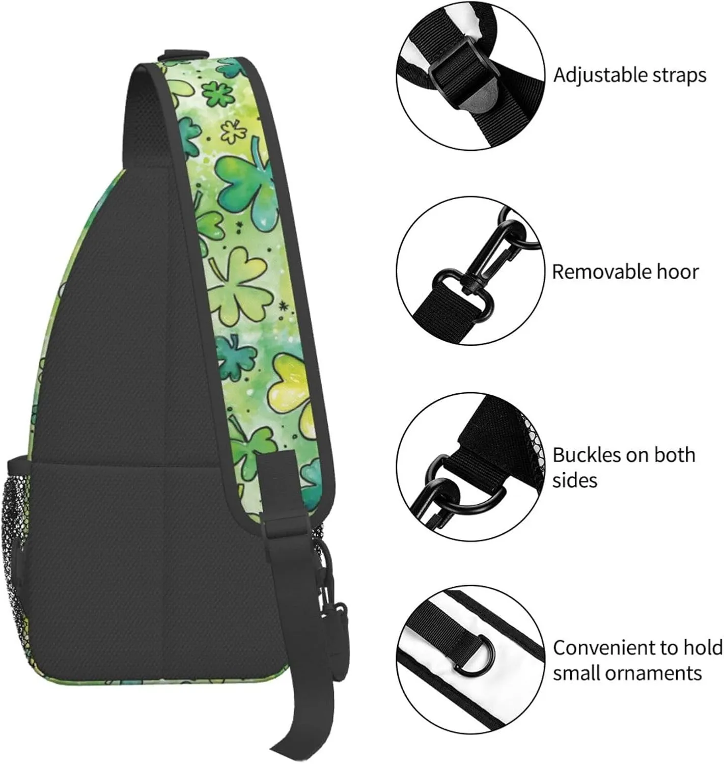 St Patricks Day Shamrock Sling Bag For Women Men Adjustable Crossbody Chest Bag Irish Clover Shoulder Bag Sling Backpack Green Daypack For Sport Travel Hiking