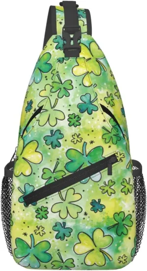 St Patricks Day Shamrock Sling Bag For Women Men Adjustable Crossbody Chest Bag Irish Clover Shoulder Bag Sling Backpack Green Daypack For Sport Travel Hiking