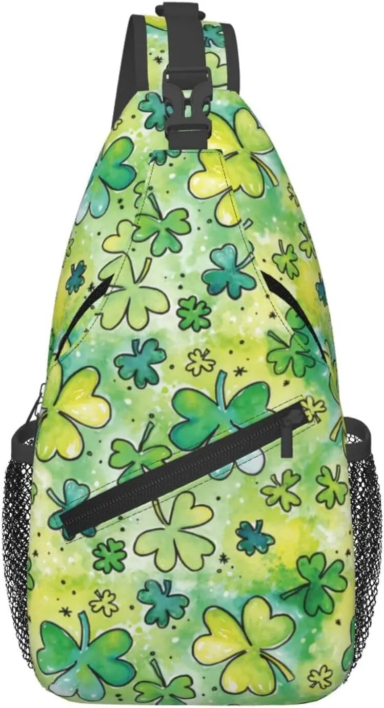 St Patricks Day Shamrock Sling Bag For Women Men Adjustable Crossbody Chest Bag Irish Clover Shoulder Bag Sling Backpack Green Daypack For Sport Travel Hiking