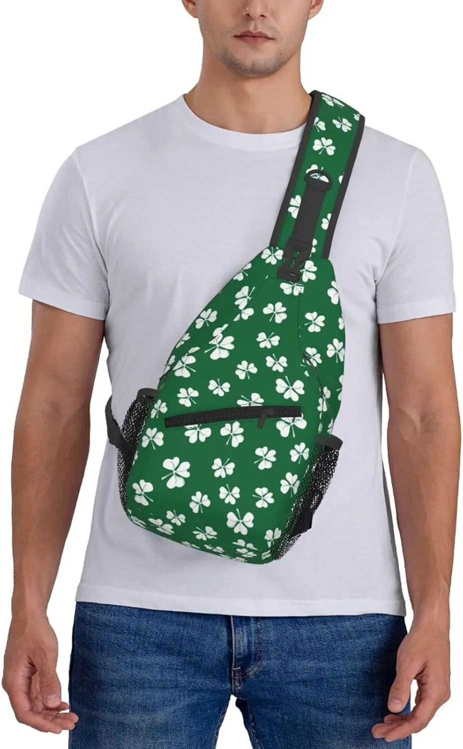 St Patricks Day Shamrock Sling Bag For Women Men Adjustable Crossbody Chest Bag Irish Clover Shoulder Bag Sling Backpack Green Daypack For Sport Travel Hiking