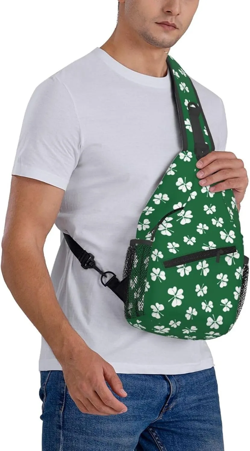 St Patricks Day Shamrock Sling Bag For Women Men Adjustable Crossbody Chest Bag Irish Clover Shoulder Bag Sling Backpack Green Daypack For Sport Travel Hiking