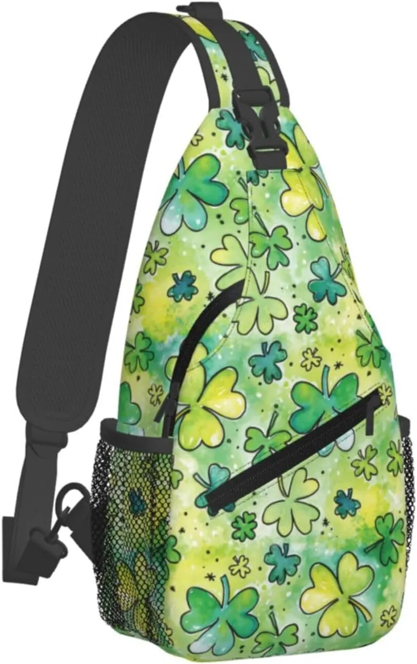 St Patricks Day Shamrock Sling Bag For Women Men Adjustable Crossbody Chest Bag Irish Clover Shoulder Bag Sling Backpack Green Daypack For Sport Travel Hiking