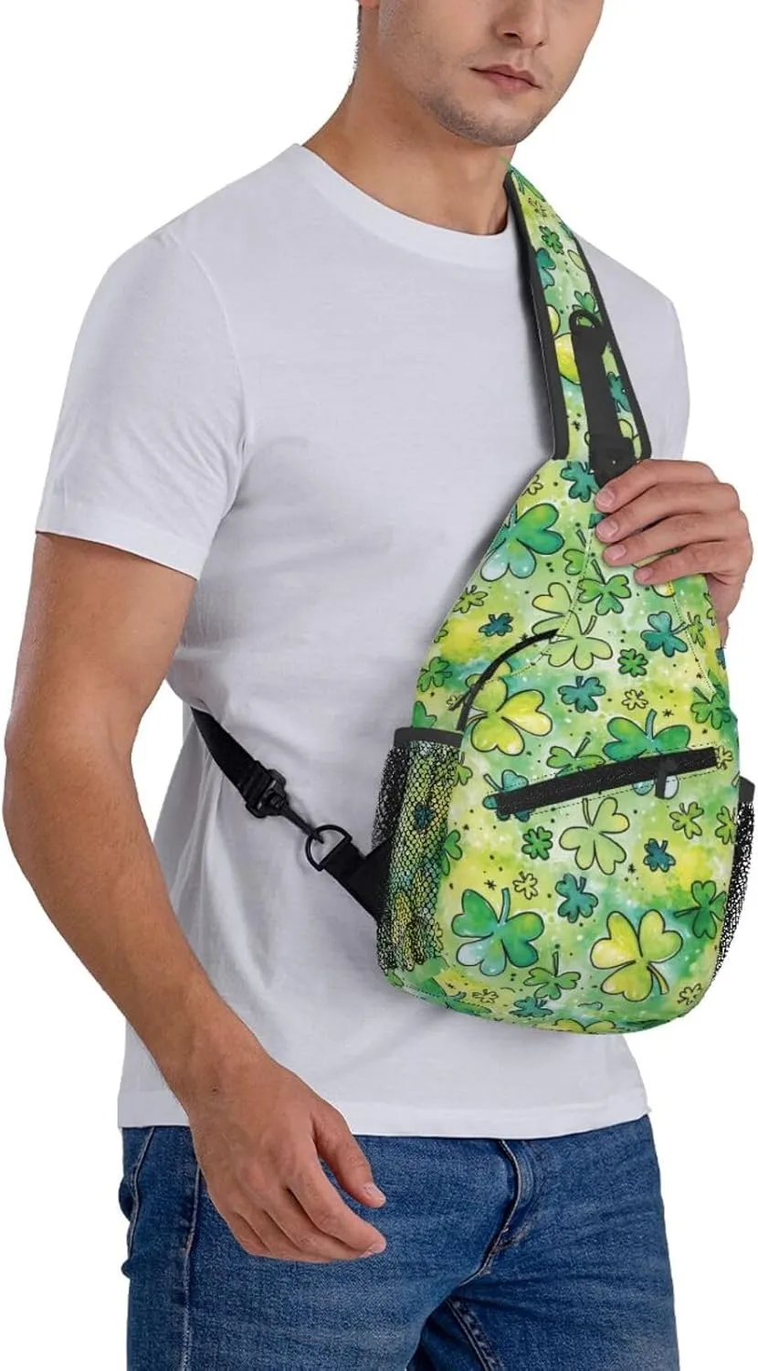St Patricks Day Shamrock Sling Bag For Women Men Adjustable Crossbody Chest Bag Irish Clover Shoulder Bag Sling Backpack Green Daypack For Sport Travel Hiking