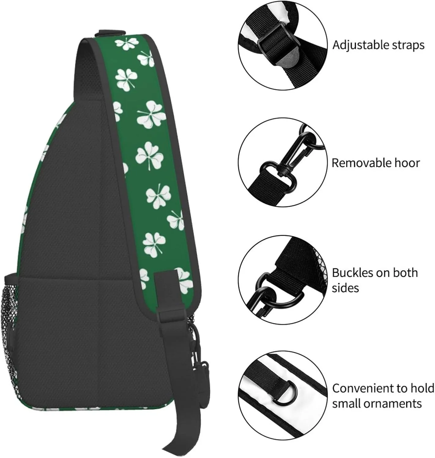 St Patricks Day Shamrock Sling Bag For Women Men Adjustable Crossbody Chest Bag Irish Clover Shoulder Bag Sling Backpack Green Daypack For Sport Travel Hiking