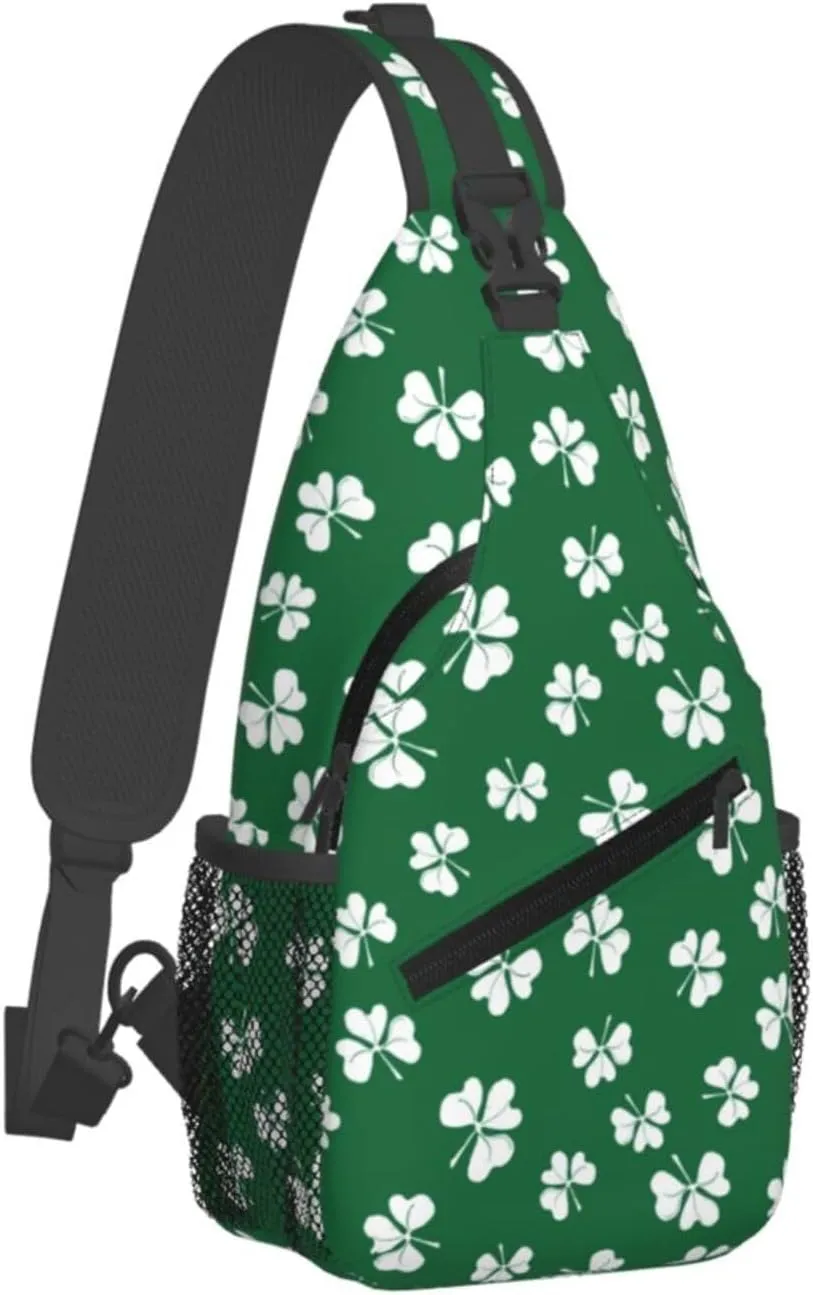 St Patricks Day Shamrock Sling Bag For Women Men Adjustable Crossbody Chest Bag Irish Clover Shoulder Bag Sling Backpack Green Daypack For Sport Travel Hiking