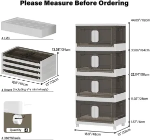 Stackable Storage Bins with Lids, 4-Pack(XL) Collapsible Plastic Storage Containers with Wheels - Foldable Closet Organizers for Home Dorm Office, Space-Saving Storage Box