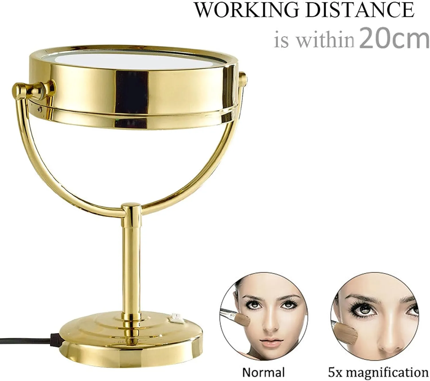 Standing LED Makeup Mirror, 8 Inch Double Sided 1X and 3X/5X/7X/10X Magnification, Brass Countertop Cosmetic Vanity Mirrors with Switch and Plug,Gold,5X
