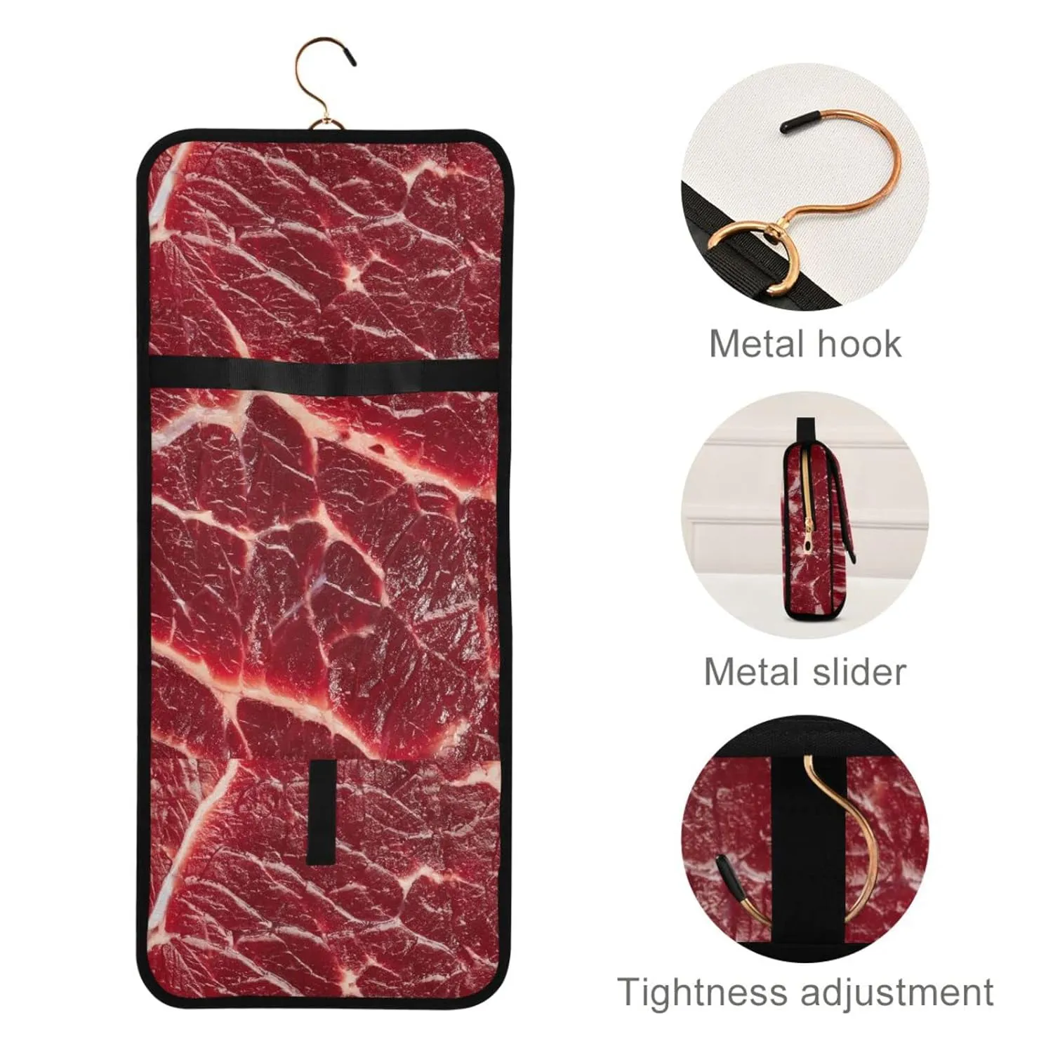 Steak Beef Meant Red Texture 1 PC Hanging Toiletry Wash bag Portable Makeup Organizer Brush Storage Case Portable Travel Cosmetic with Hook