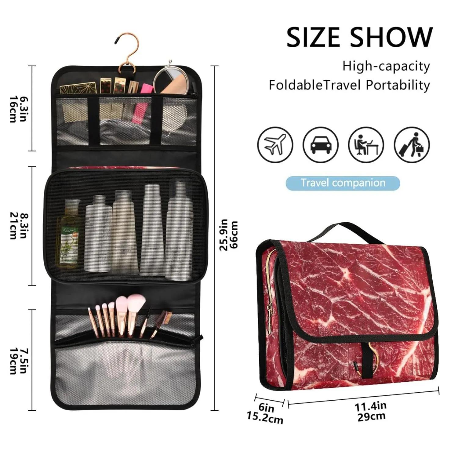 Steak Beef Meant Red Texture 1 PC Hanging Toiletry Wash bag Portable Makeup Organizer Brush Storage Case Portable Travel Cosmetic with Hook