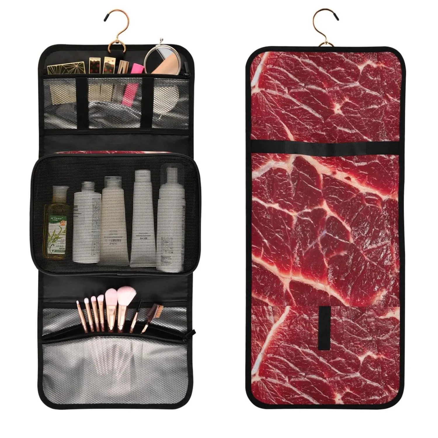 Steak Beef Meant Red Texture 1 PC Hanging Toiletry Wash bag Portable Makeup Organizer Brush Storage Case Portable Travel Cosmetic with Hook
