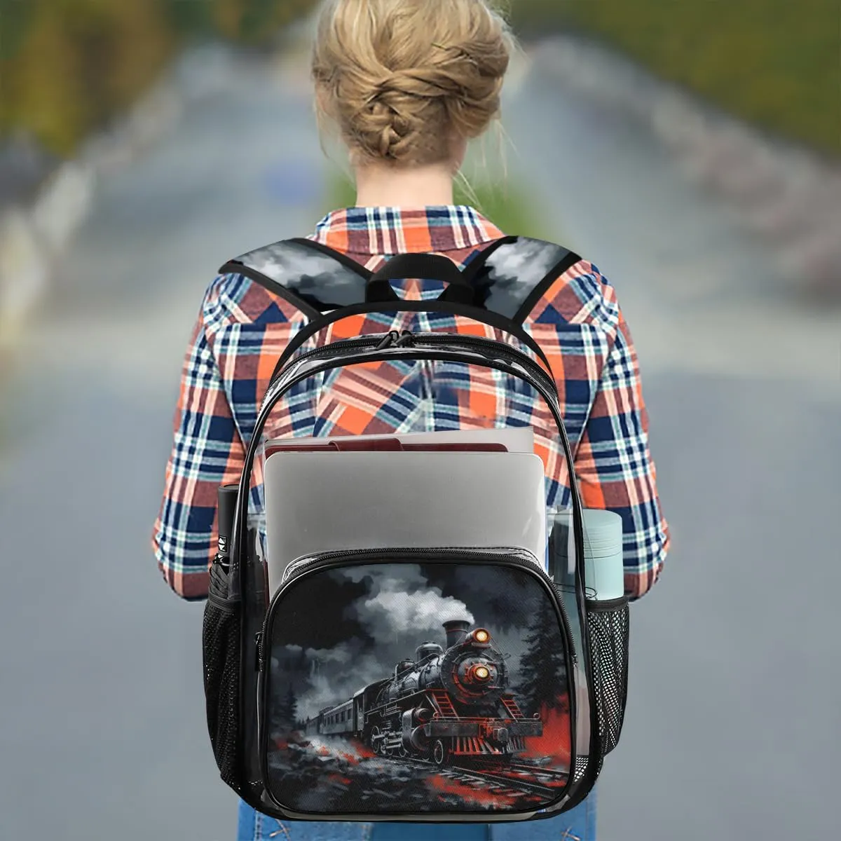 Steam Engine Old Train Large Clear Backpack Heavy Duty for Men Women Adults Transparent Backpack PVC See Through Bag with Reinforced Shoulder Strap