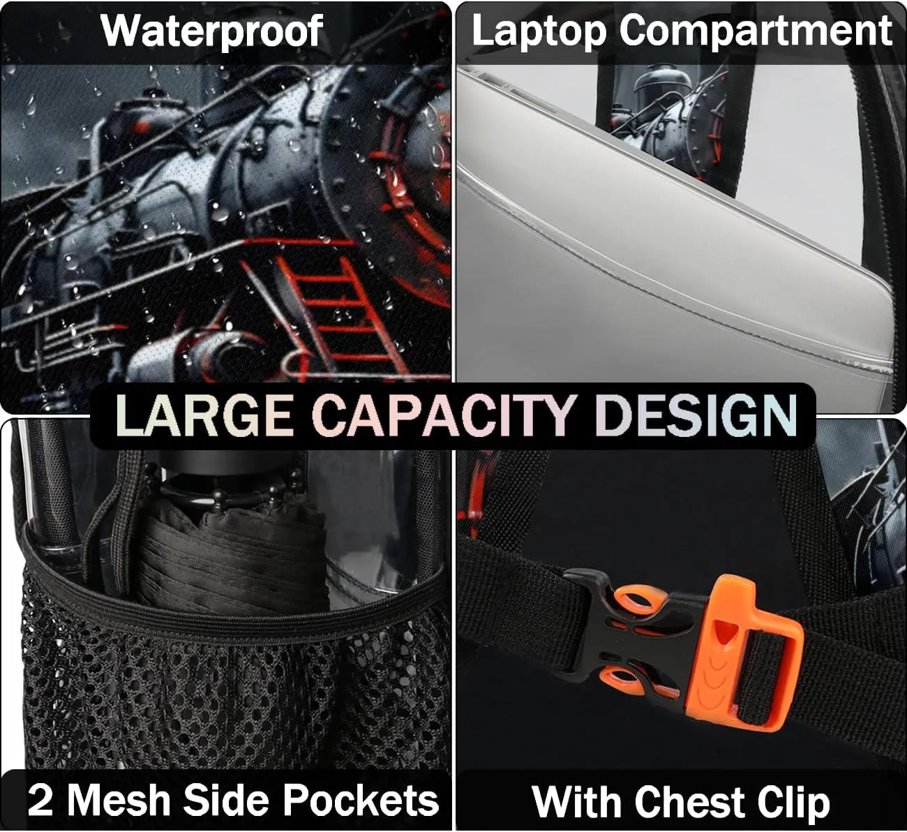 Steam Engine Old Train Large Clear Backpack Heavy Duty for Men Women Adults Transparent Backpack PVC See Through Bag with Reinforced Shoulder Strap