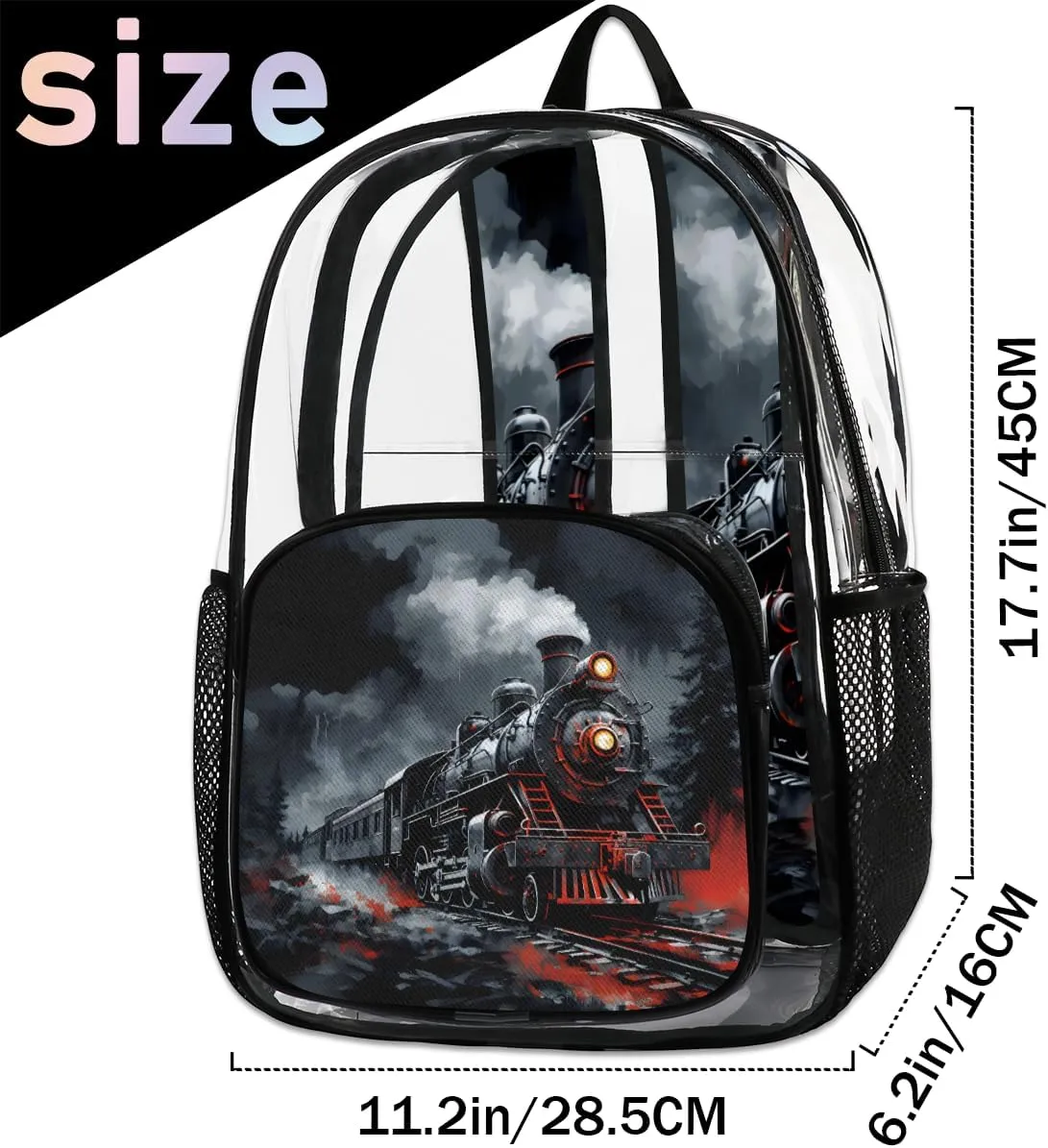 Steam Engine Old Train Large Clear Backpack Heavy Duty for Men Women Adults Transparent Backpack PVC See Through Bag with Reinforced Shoulder Strap