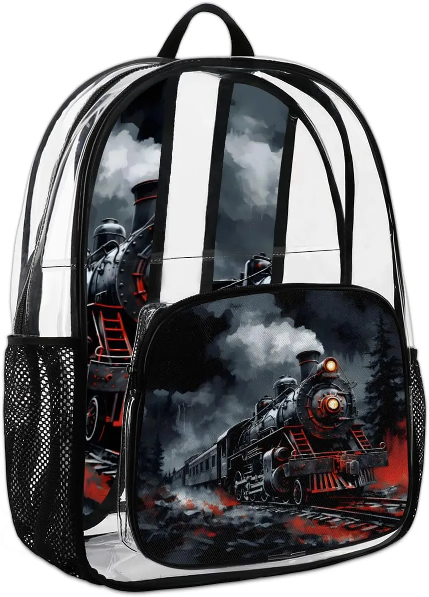 Steam Engine Old Train Large Clear Backpack Heavy Duty for Men Women Adults Transparent Backpack PVC See Through Bag with Reinforced Shoulder Strap