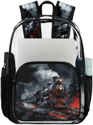 Steam Engine Old Train Large Clear Backpack Heavy Duty for Men Women Adults Transparent Backpack PVC See Through Bag with Reinforced Shoulder Strap