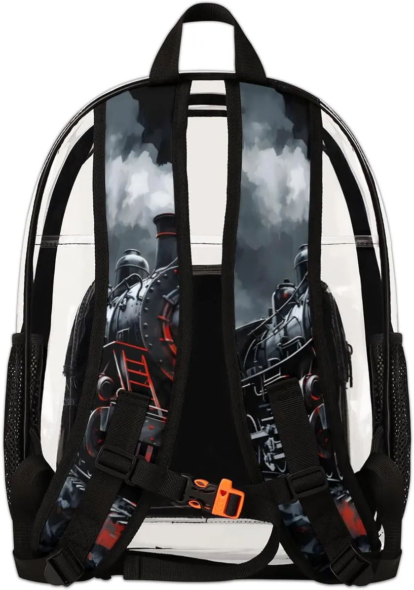 Steam Engine Old Train Large Clear Backpack Heavy Duty for Men Women Adults Transparent Backpack PVC See Through Bag with Reinforced Shoulder Strap