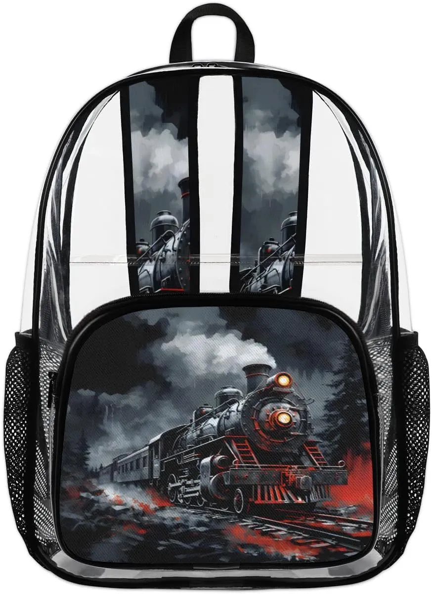 Steam Engine Old Train Large Clear Backpack Heavy Duty for Men Women Adults Transparent Backpack PVC See Through Bag with Reinforced Shoulder Strap