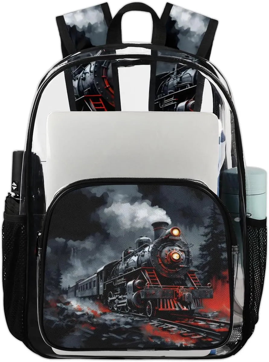 Steam Engine Old Train Large Clear Backpack Heavy Duty for Men Women Adults Transparent Backpack PVC See Through Bag with Reinforced Shoulder Strap