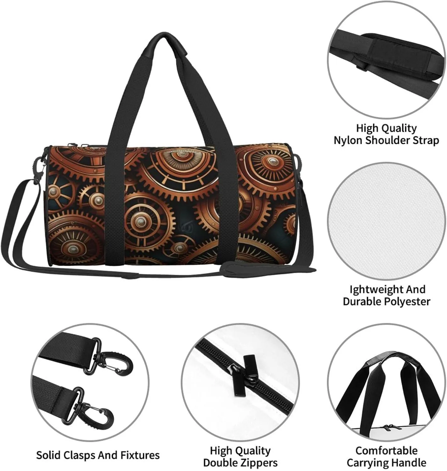 Steampunk Mechanical Gears Printed Travel Bag,Round Personal Item Storage bag,Foldie Duffel Bag for Traveling Vacation,Fitness,Sports