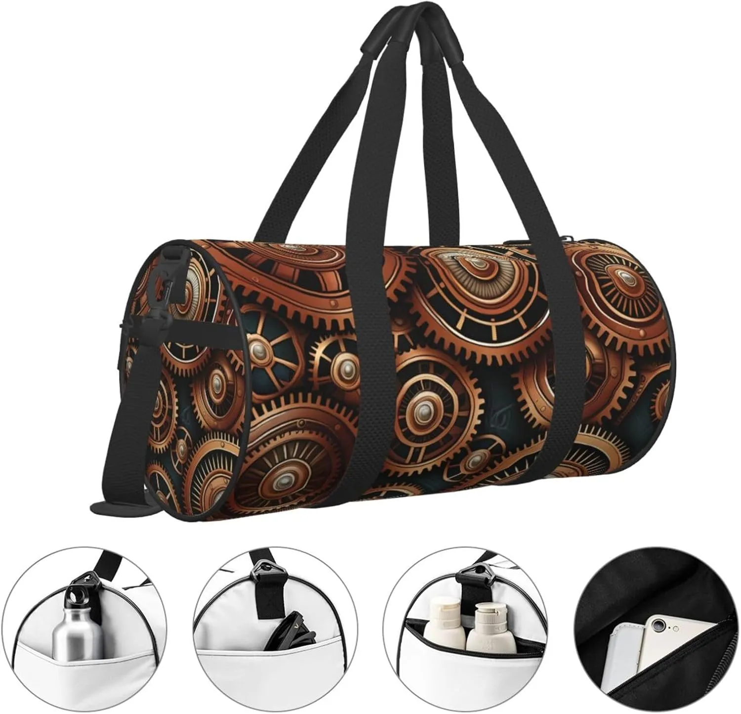 Steampunk Mechanical Gears Printed Travel Bag,Round Personal Item Storage bag,Foldie Duffel Bag for Traveling Vacation,Fitness,Sports