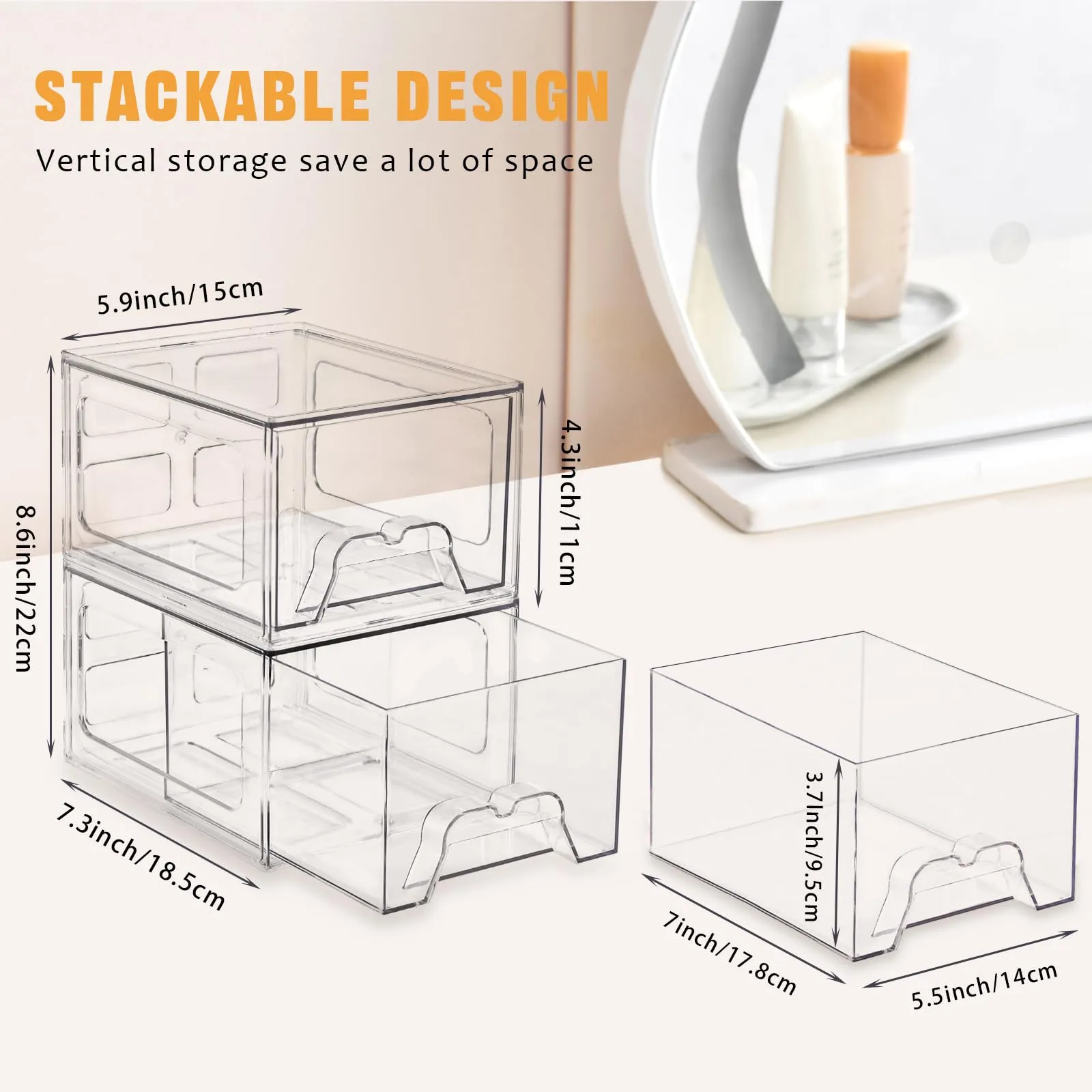 Stebopum 6 Pack Stackable Makeup Organizer, 4.4'' Tall Acrylic Bathroom Makeup Organizer and Storage Drawer with Pull-out Handle, Clear Plastic Storage Bins for Vanity,Pantry,Desk,Undersink,Kitchen