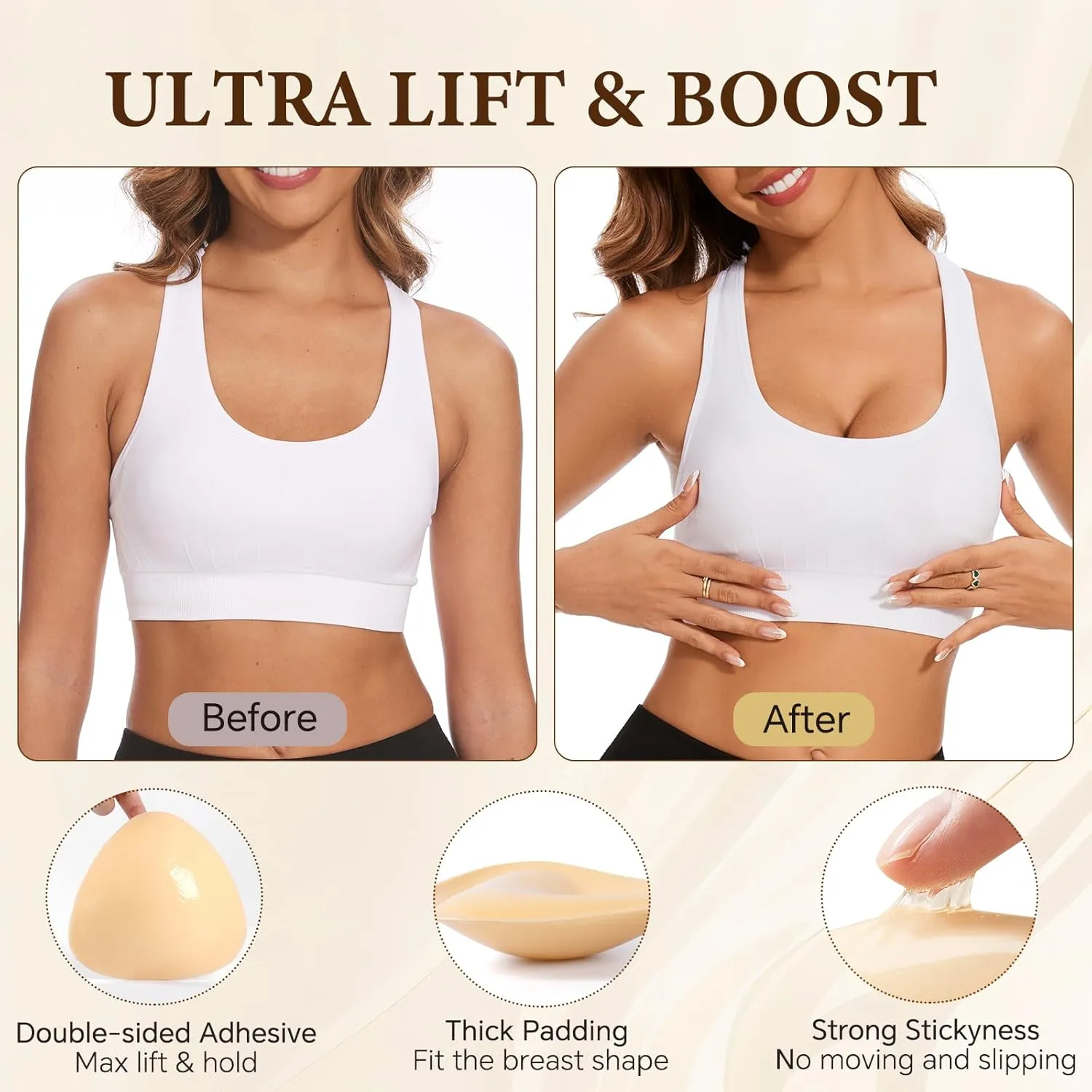 Sticky Bra Inserts, Double-sided Sticky Push Up Inserts, Reusable Bra Pad Inserts for Bikini Dress Swimsuit Sports Bra