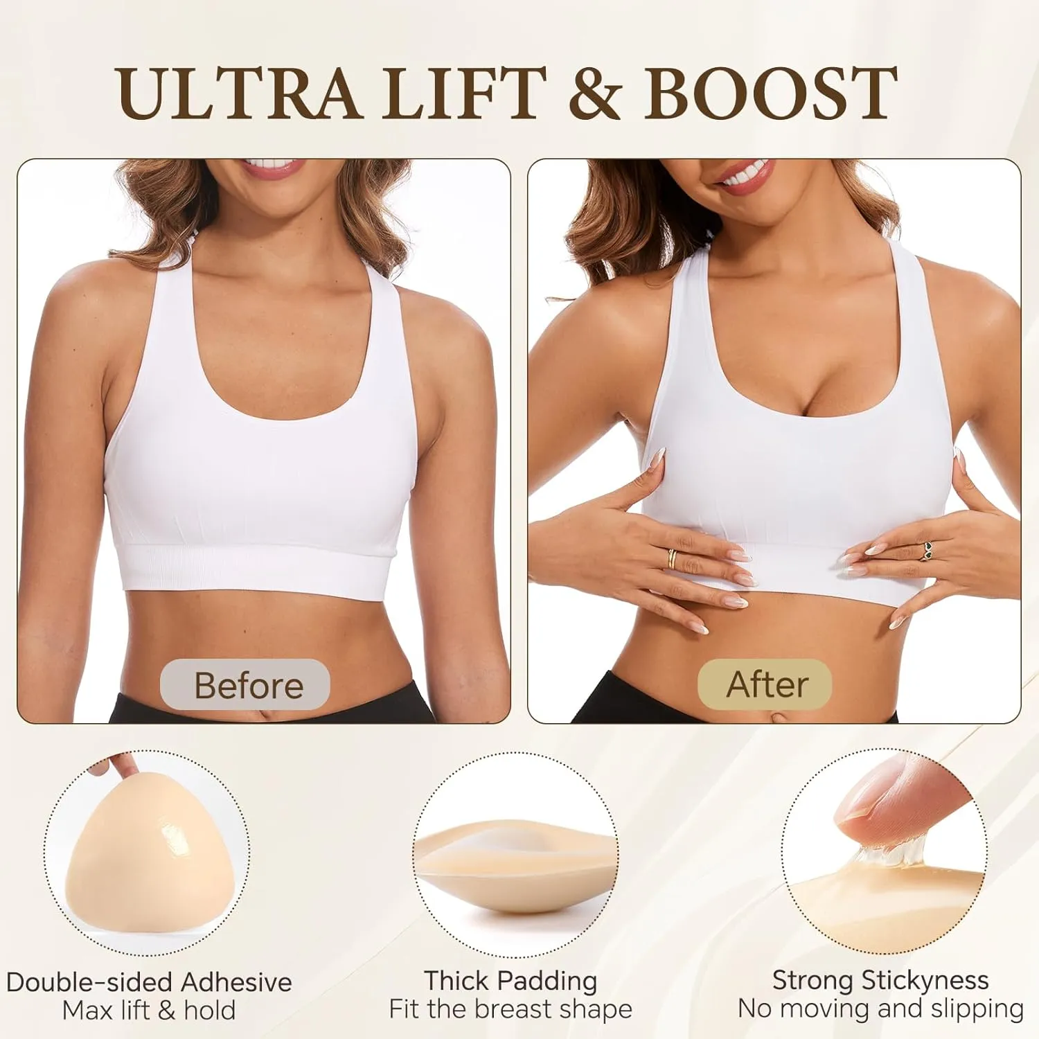 Sticky Bra Inserts, Double-sided Sticky Push Up Inserts, Reusable Bra Pad Inserts for Bikini Dress Swimsuit Sports Bra