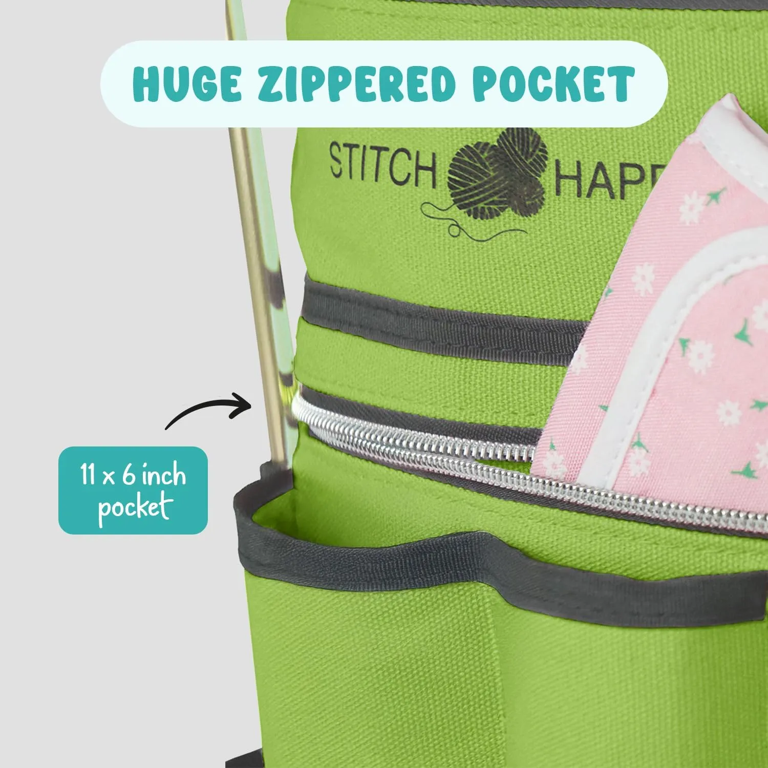 Stitch Happy Yarn Storage Bag: 7 Pocket Knitting & Crochet Bag, Green